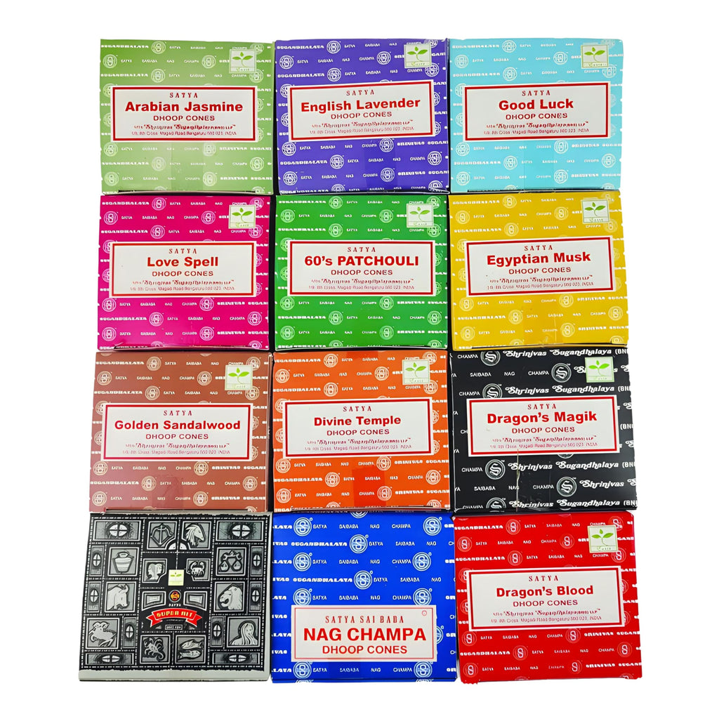 12 Pack Satya Sai Baba Nag Champa Incense Dhoop Cones | Waterfall Incense Cones | Natural Fragrance | Fragrant Smoke for Calming Home Aromatherapy for Meditation Yoga and Stress Relief - 144 Cones