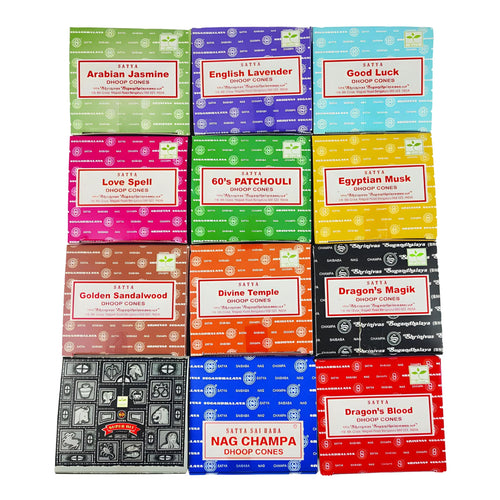 12 Pack Satya Sai Baba Nag Champa Incense Dhoop Cones | Waterfall Incense Cones | Natural Fragrance | Fragrant Smoke for Calming Home Aromatherapy for Meditation Yoga and Stress Relief - 144 Cones